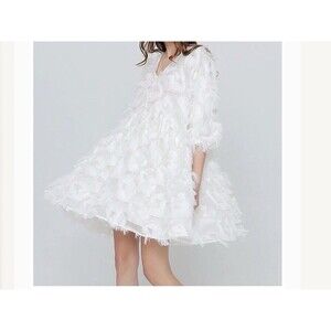 Eyelash Feathered Dress White Lined V Neck 3/4 Sleeves Empire, O/S Bust 50"